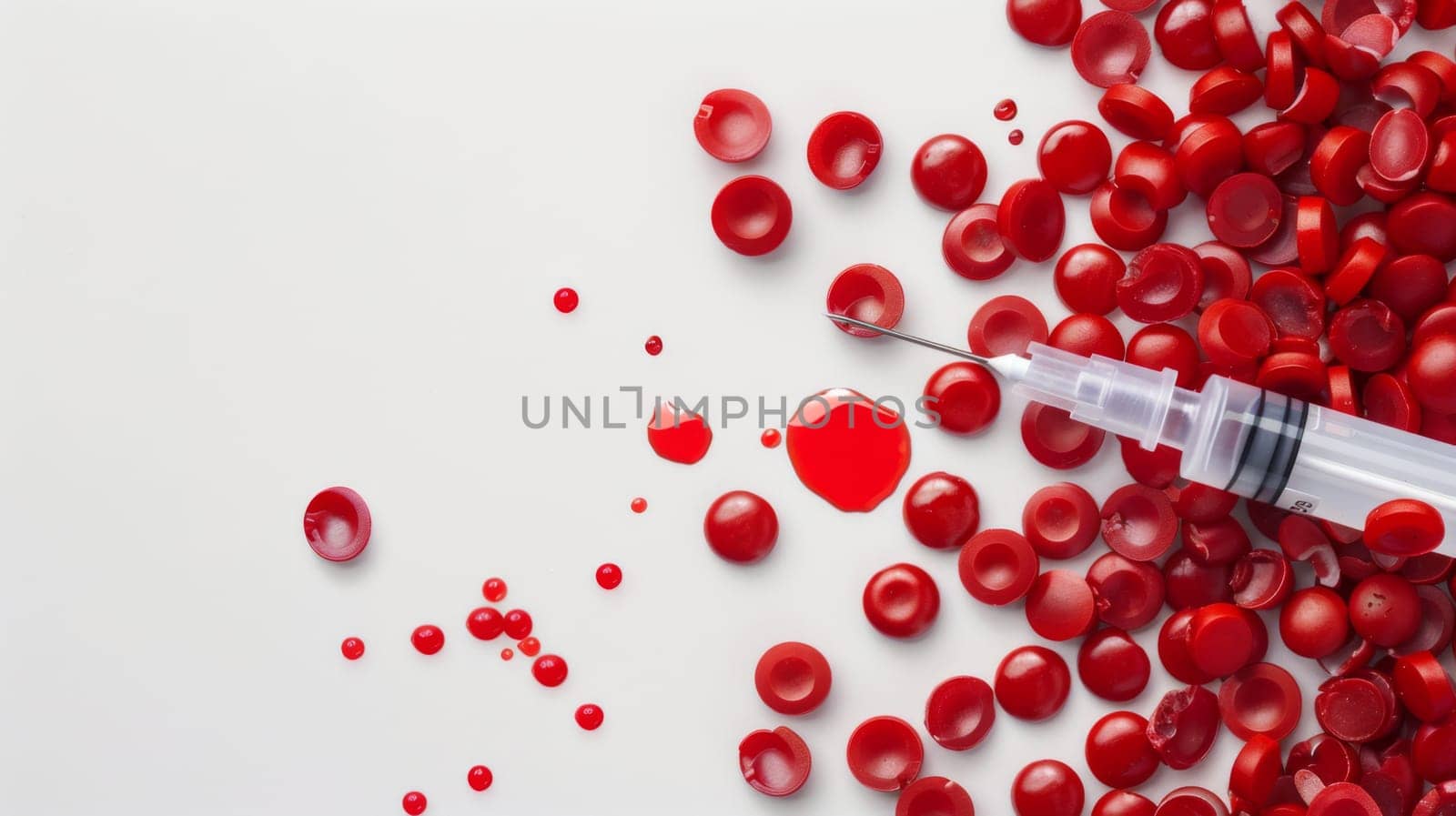 A syringe, filled with blood, is placed on a white surface. The crimson liquid contrasts starkly with the clean background, creating a striking image.