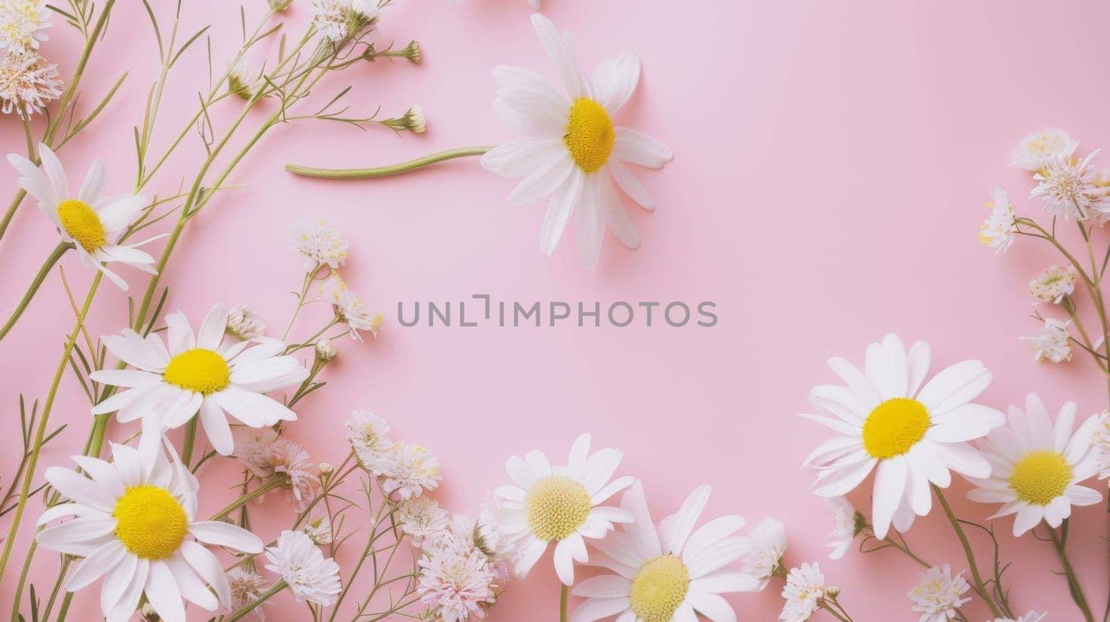 A cluster of white and yellow daisies displayed against a soft pink background. The flowers are arranged haphazardly, showcasing their delicate petals and green stems.