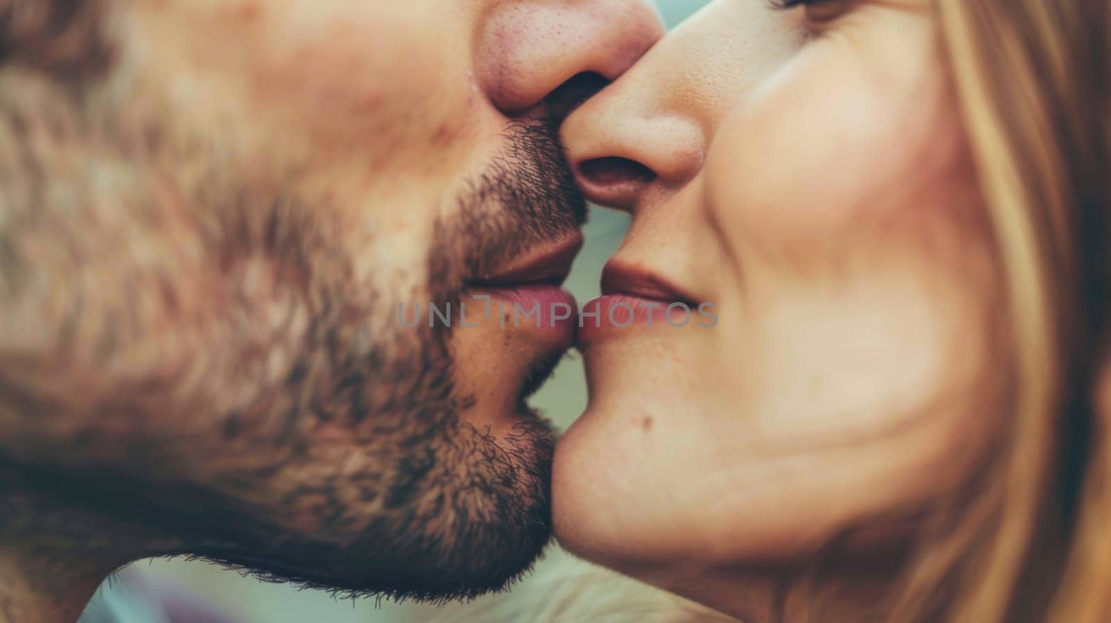 A man and a woman are engaged in a passionate kiss, their bodies close and faces pressed together. The intimate moment captures their connection and affection for each other.