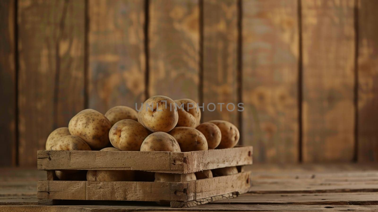 A wooden crate filled with freshly harvested potatoes is placed on top of a rustic wooden table. The scene showcases a bountiful harvest of potatoes ready to be used for cooking or planting.