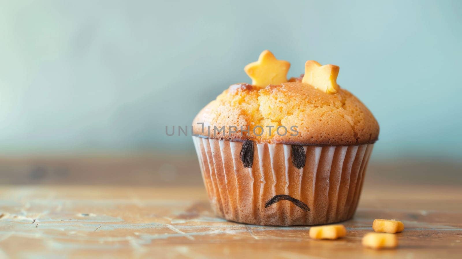 A single cupcake with colorful frosting and a cartoonish face drawn on it is the main subject of the composition. The face features two eyes, a nose, and a smiling mouth, adding a playful and whimsical touch to the sweet treat.