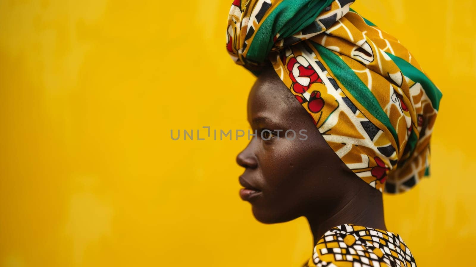 A woman is depicted wearing a vibrant and colorful head wrap. The head wrap features a variety of hues and patterns, adding a touch of cultural flair to her appearance.