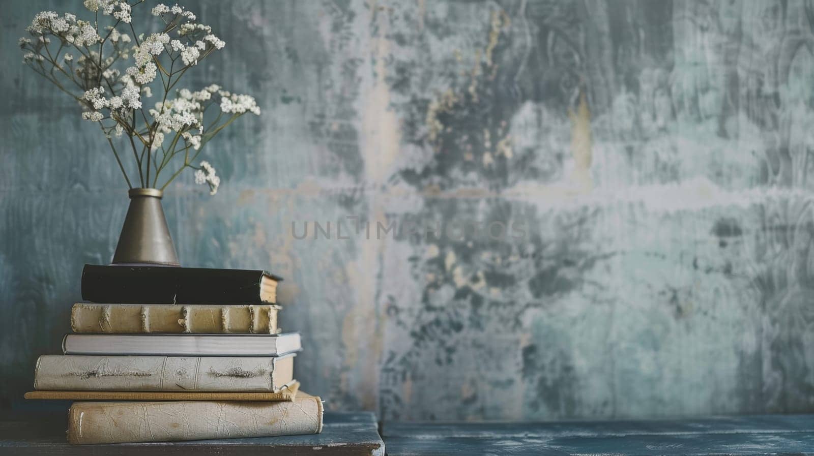A stack of books with a vase of colorful flowers placed on top, creating a simple yet elegant decoration. The books are neatly arranged, showcasing various titles and colors.