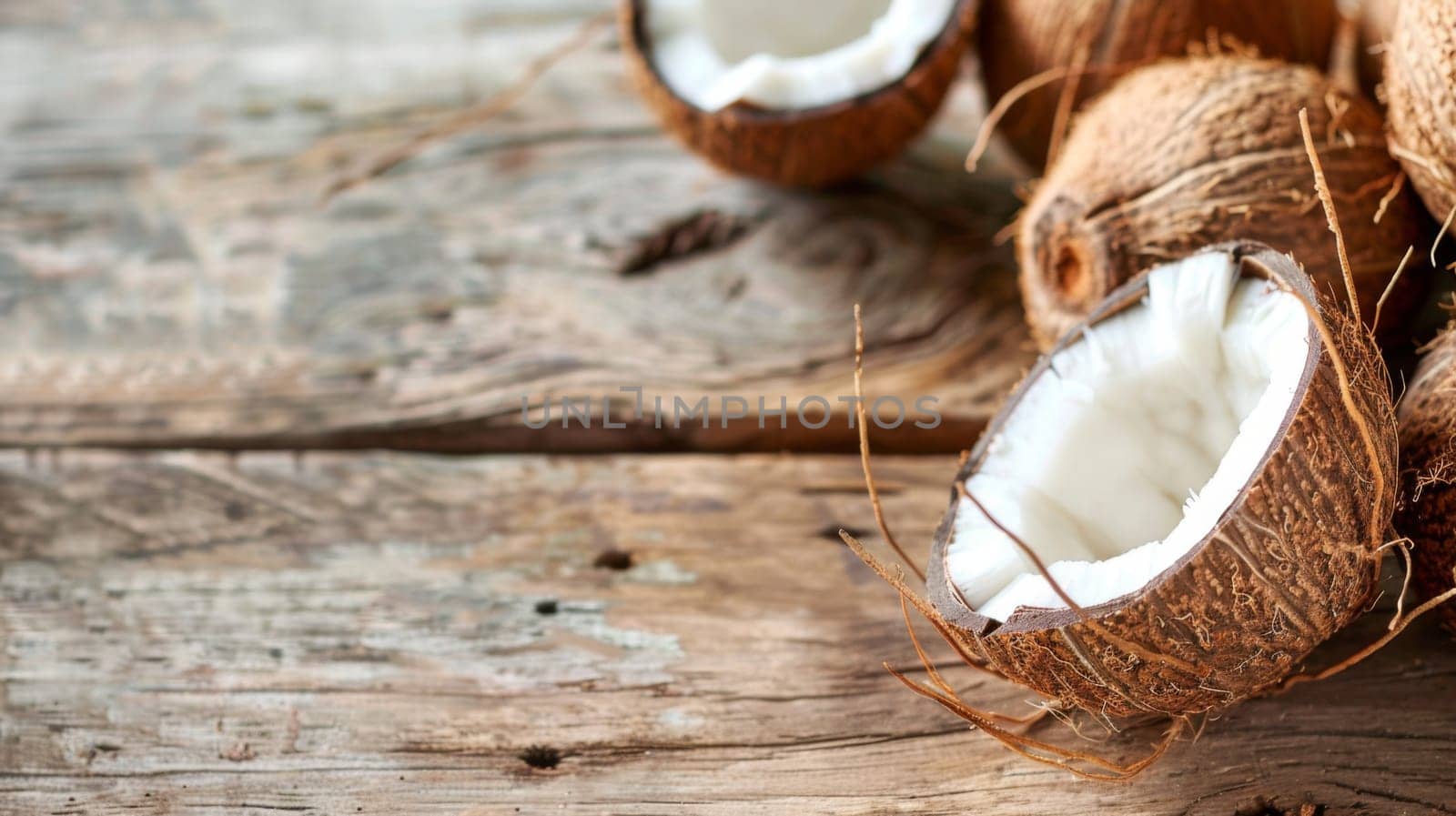 A collection of several whole coconuts resting on top of a sturdy wooden table. The coconuts vary in size and color, showcasing their natural textures and round shapes.