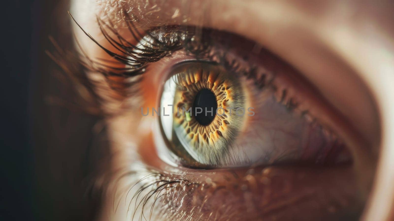 A close-up view of an individuals eye showcasing a striking green iris. The intricate details of the iris are clearly visible, including the pupil and surrounding sclera. The eye is well-lit, allowing for a detailed examination of its unique coloration and texture.