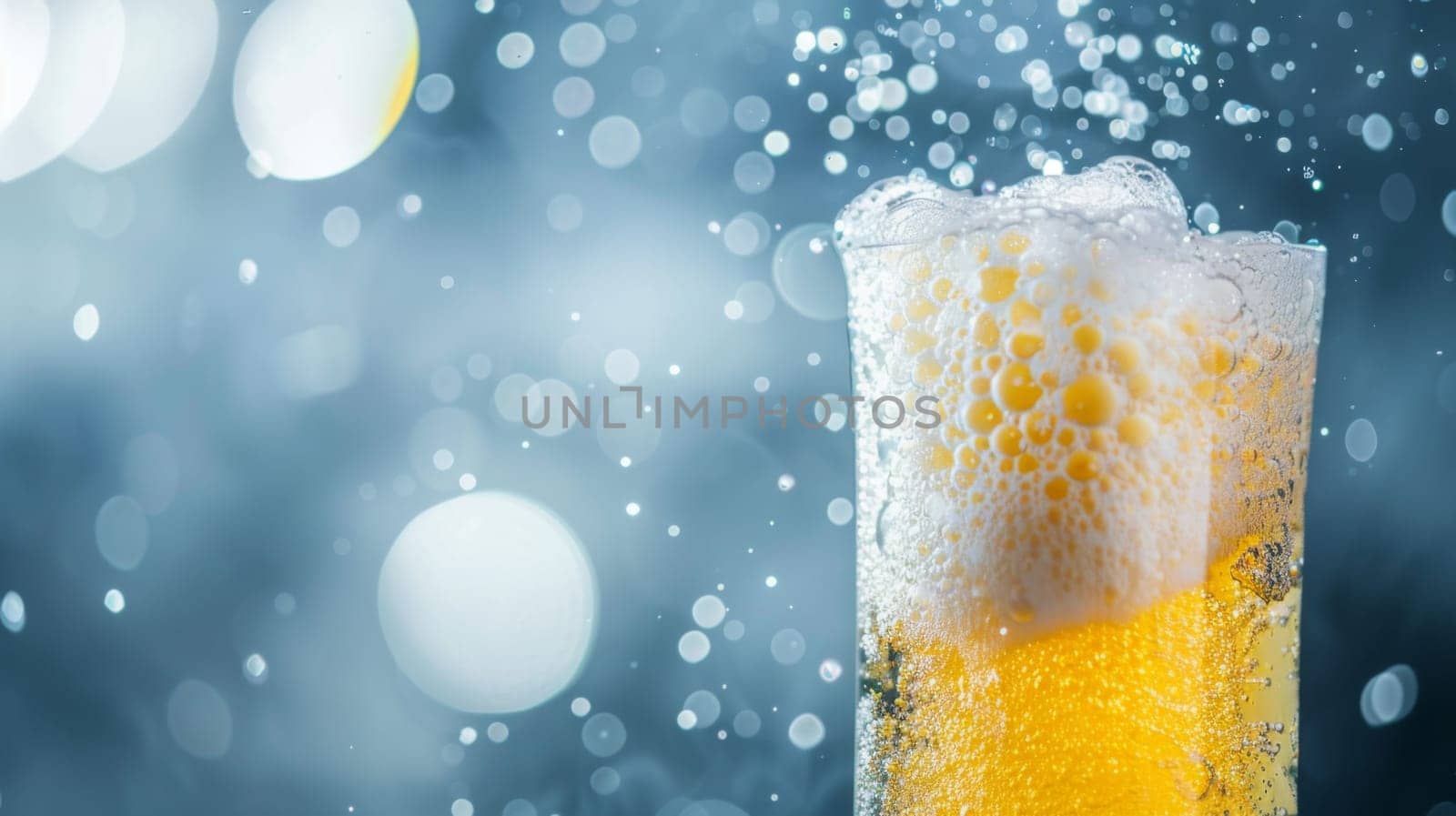A close-up view of a glass of beer placed on a wooden table, showcasing the bubbles and liquid inside the glass. The beer is a golden color, and condensation is visible on the glass.