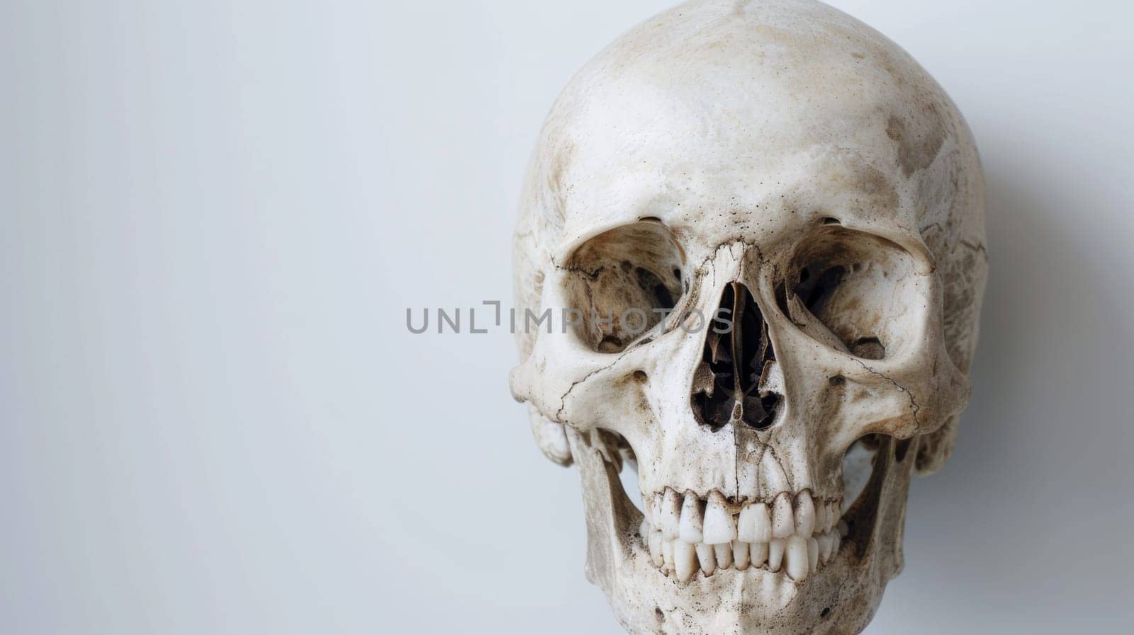 A human skull is displayed starkly against a plain white background, casting shadows and highlighting its intricate features.