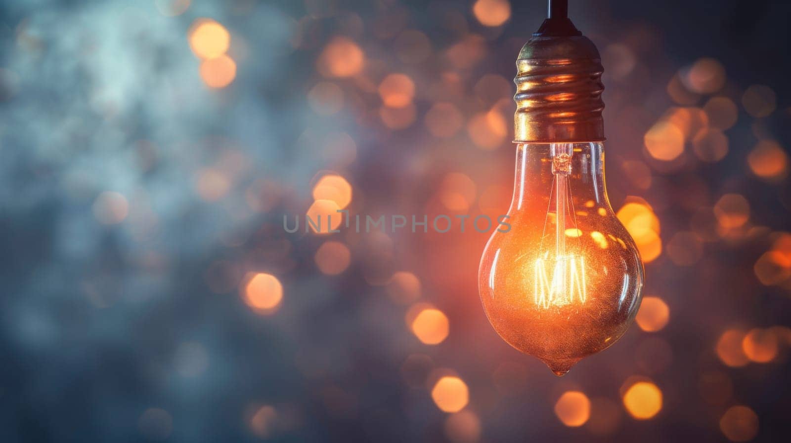 A light bulb is suspended from a string, casting a soft glow while the background blurs into indistinct shapes. The filament inside the bulb emits a warm light, creating a contrast against the surrounding darkness.