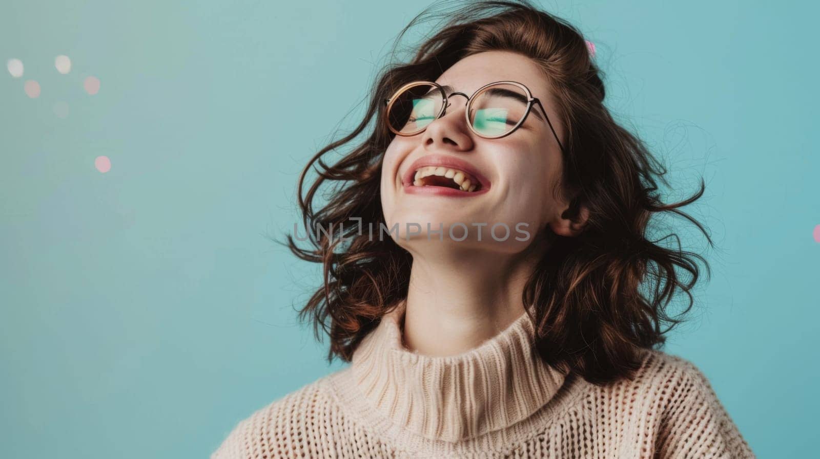 A woman with glasses and a sweater is captured in this scene. She exudes a sense of intellect and warmth with her choice of attire. The glasses frame her face, adding a touch of sophistication. The cozy sweater suggests a casual comfort that complements her style.
