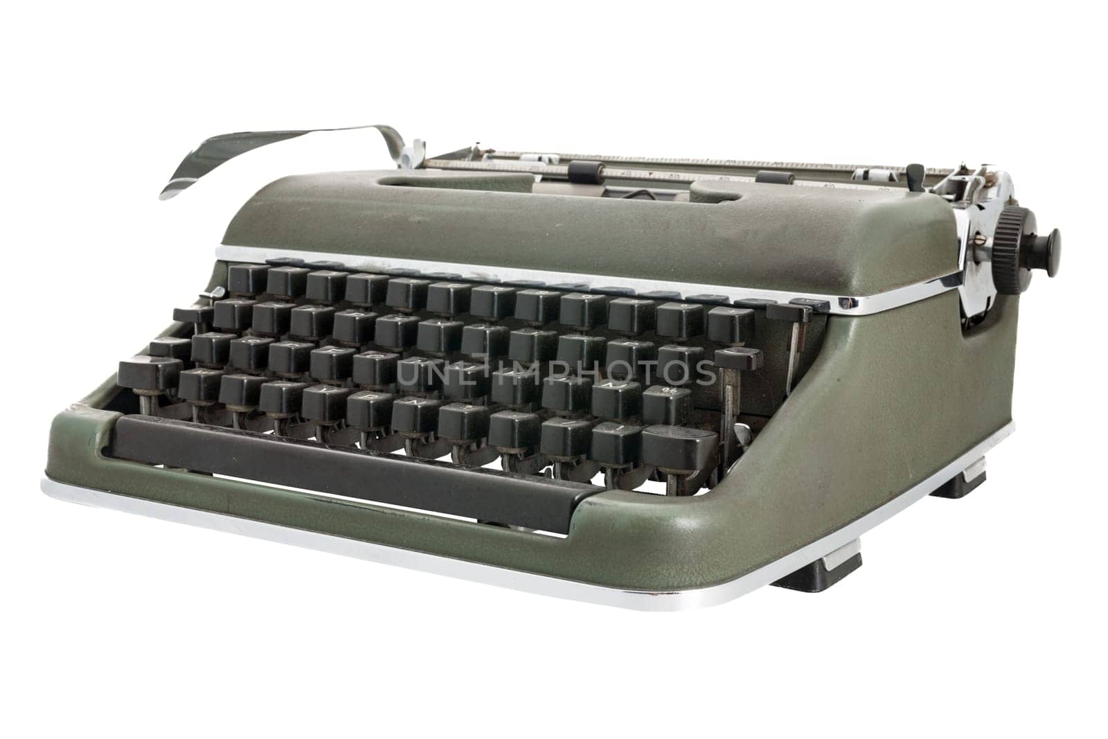Old green mechanical typewriter with black keys and the two-tone ribbon in view, isolated on a transparent or white background