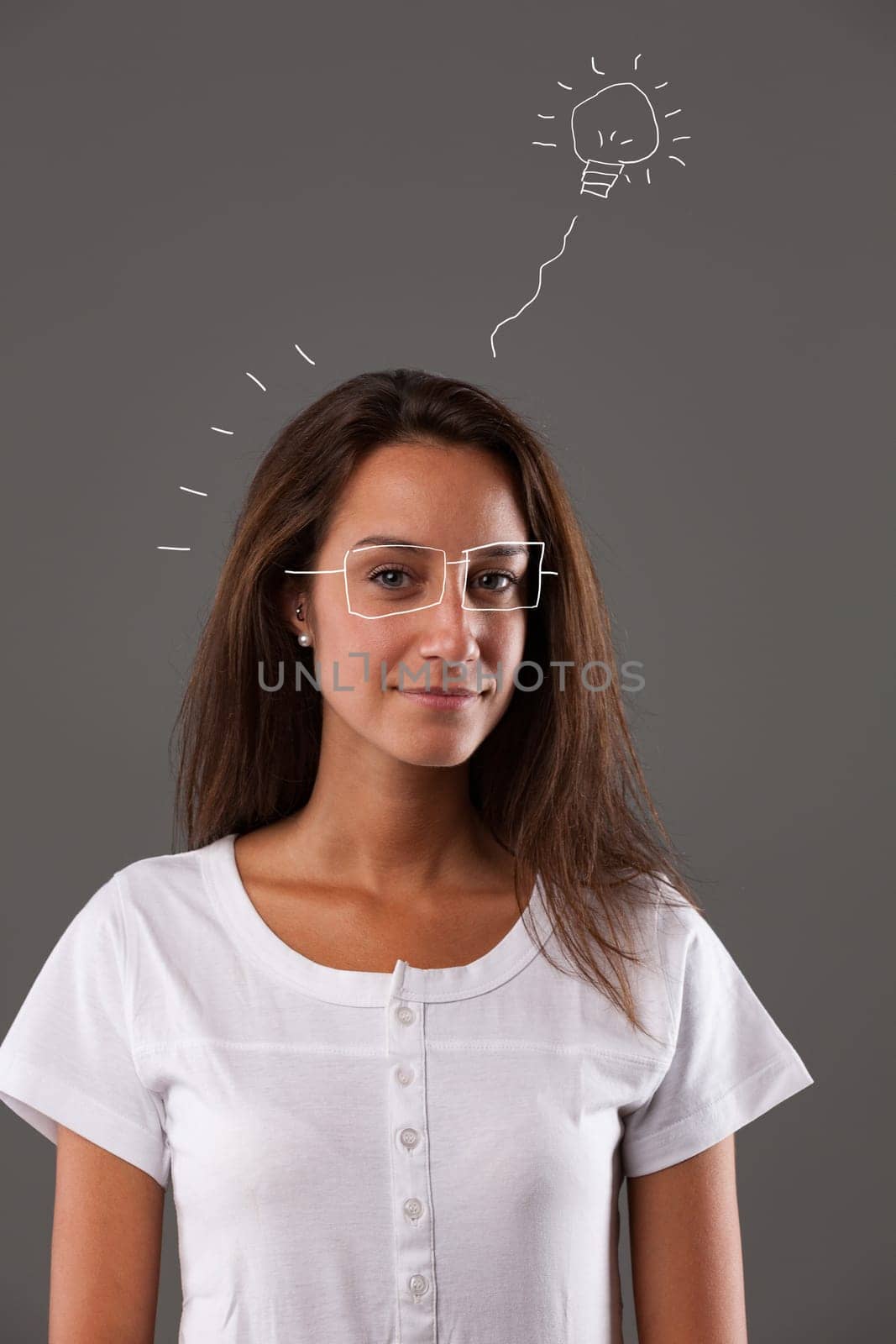 Portrait of a young woman thinking and having great ideas, inventing the future, planning vacations and life. Her imagination is depicted with her face looking towards us and childlike graphics repres