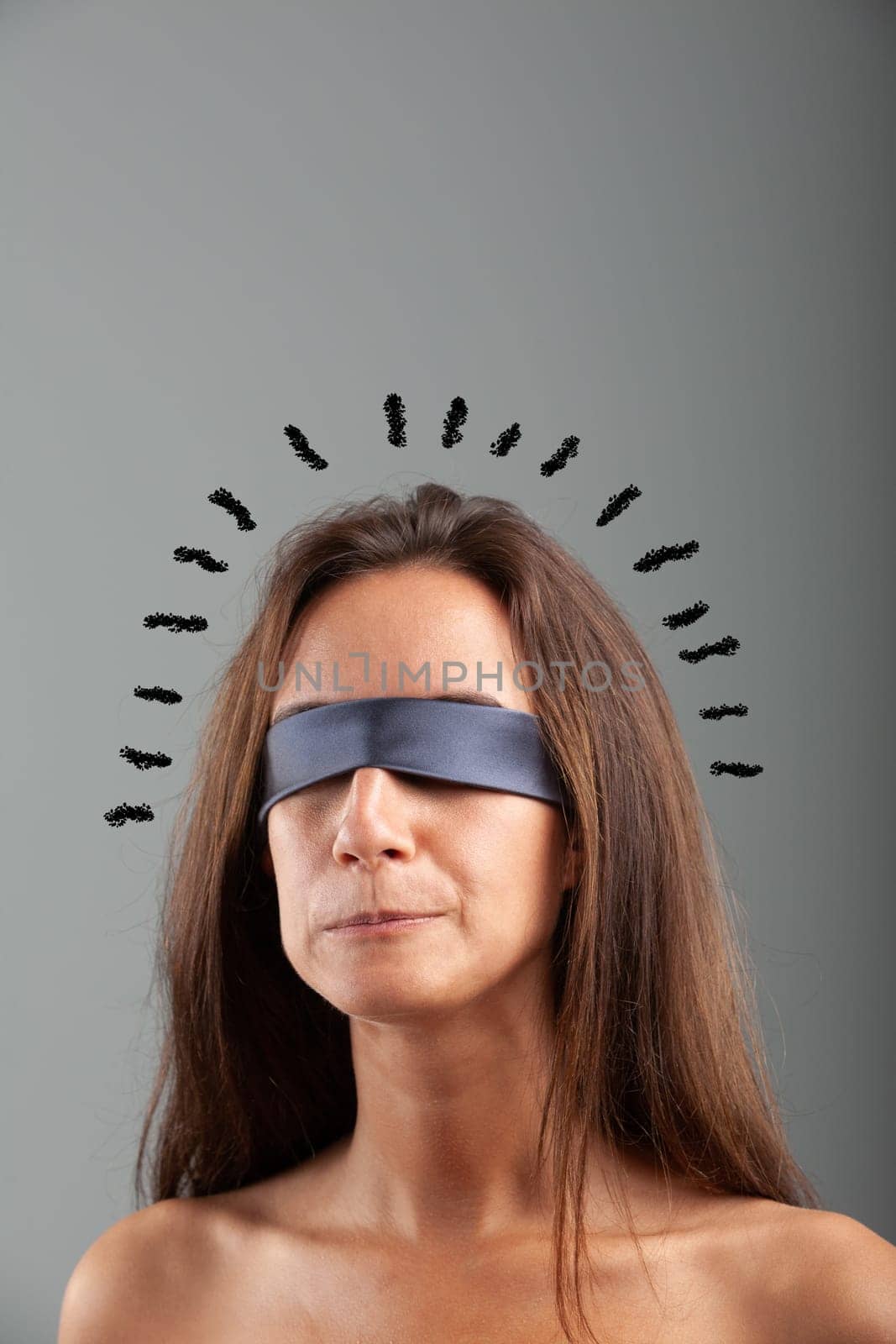 head and face of a blindfolded woman with a funny expression of uncertainty and doubt, not knowing what to expect and a little afraid, but expressing it with humor and comicality
