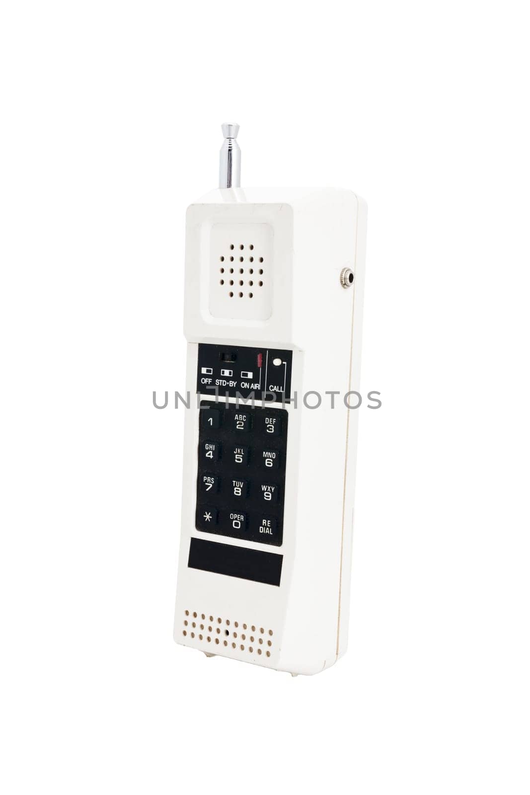 old square telephone dating from the 1980s-1900s or at most 1990s, with an extendable telescoping antenna, white in color with black buttons. Isolated on a white or transparent background.