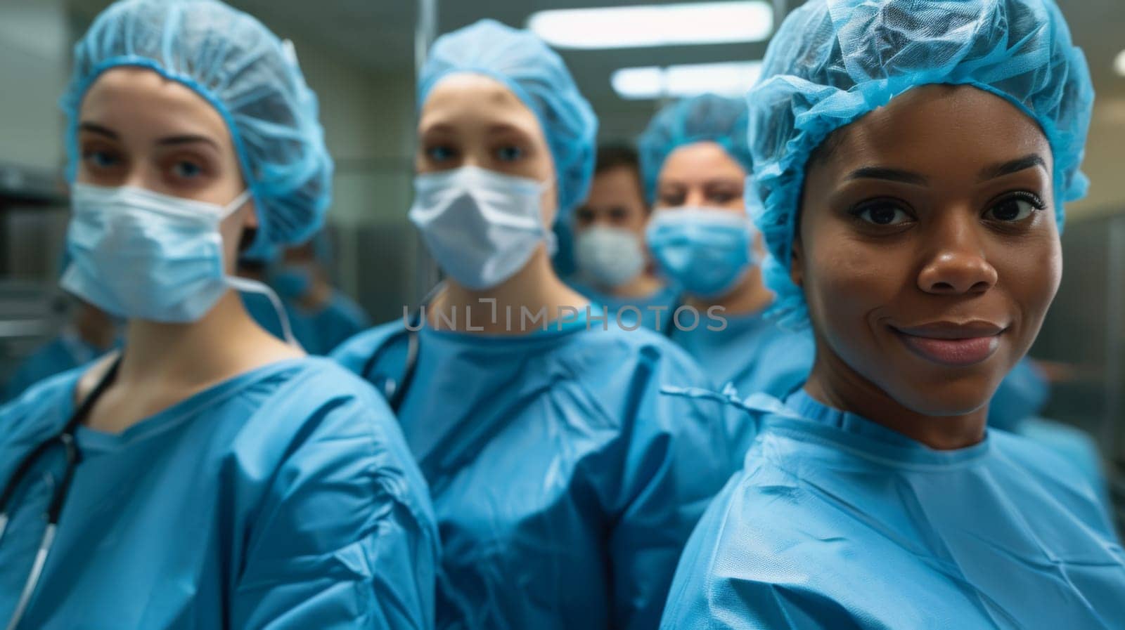 A group of doctors wearing scrubs stands in a room, discussing medical cases and treatments. They appear focused and determined, ready to provide care to patients.