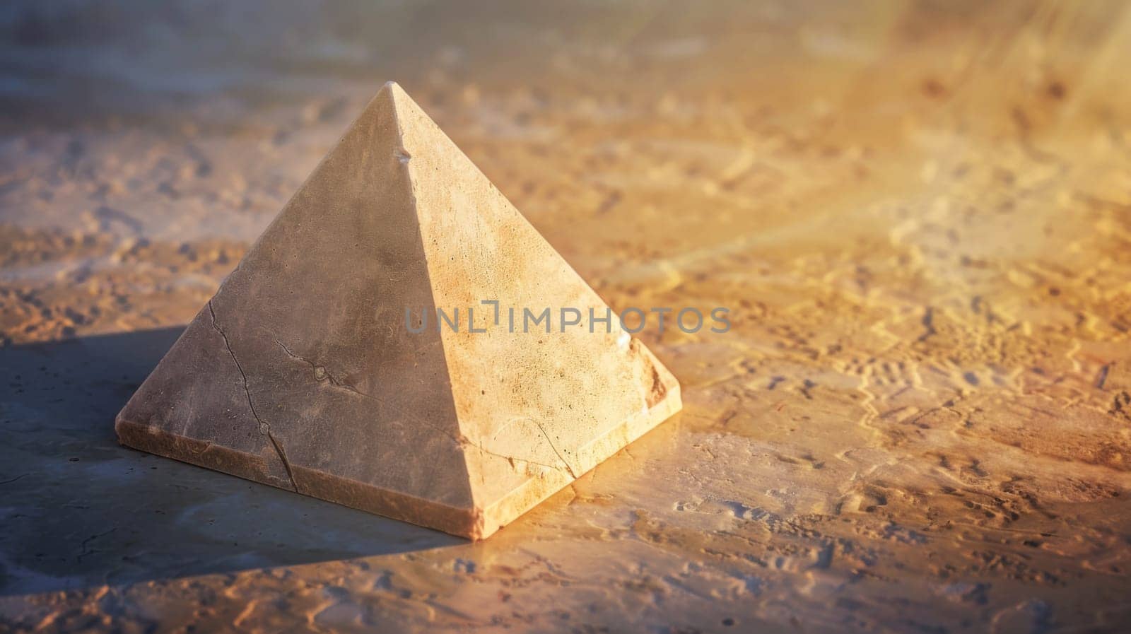 A stone pyramid is prominently positioned on top of the sandy ground. The pyramid stands out against the neutral-toned backdrop, showcasing its geometric structure against the sandy terrain.