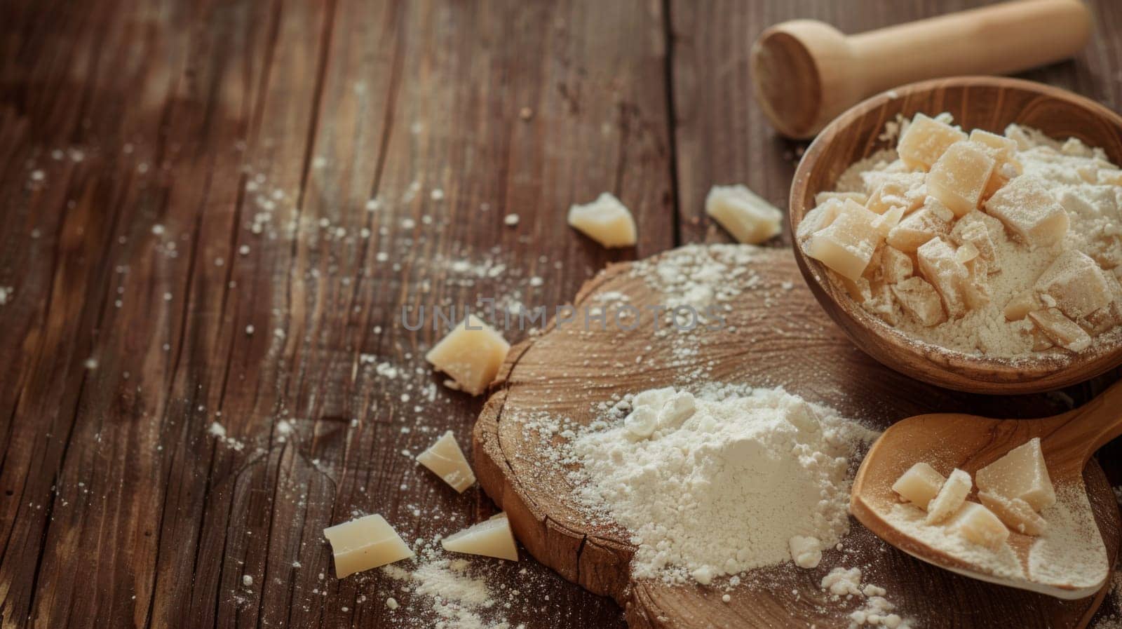 A wooden spoon is filled with powdered sugar and placed on top of a wooden table. The contrast between the white sugar and brown wood creates a visually appealing display.