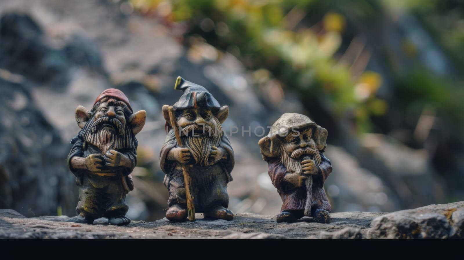 A group of three gnomes are perched on a large rock, each wearing colorful pointed hats and beaming smiles. They appear to be engaged in conversation or enjoying the view around them.
