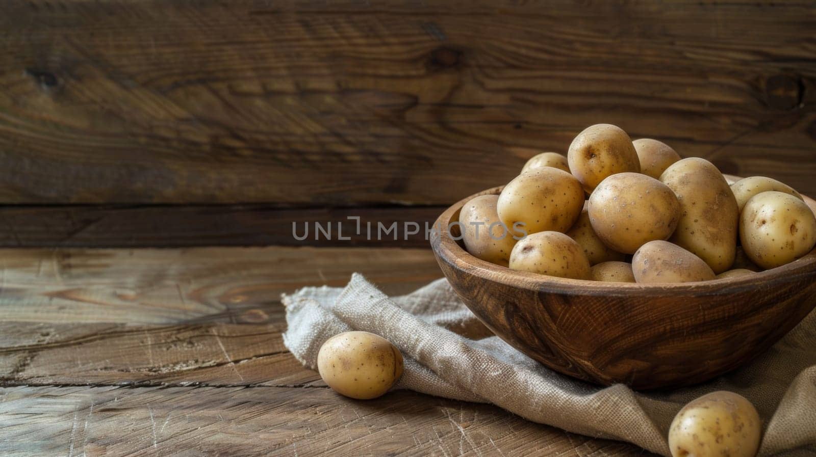 A wooden bowl brimming with potatoes rests on a rustic wooden table. The perfectly arranged tubers showcase their earthy hues and textures under warm lighting, creating a simple yet inviting scene.