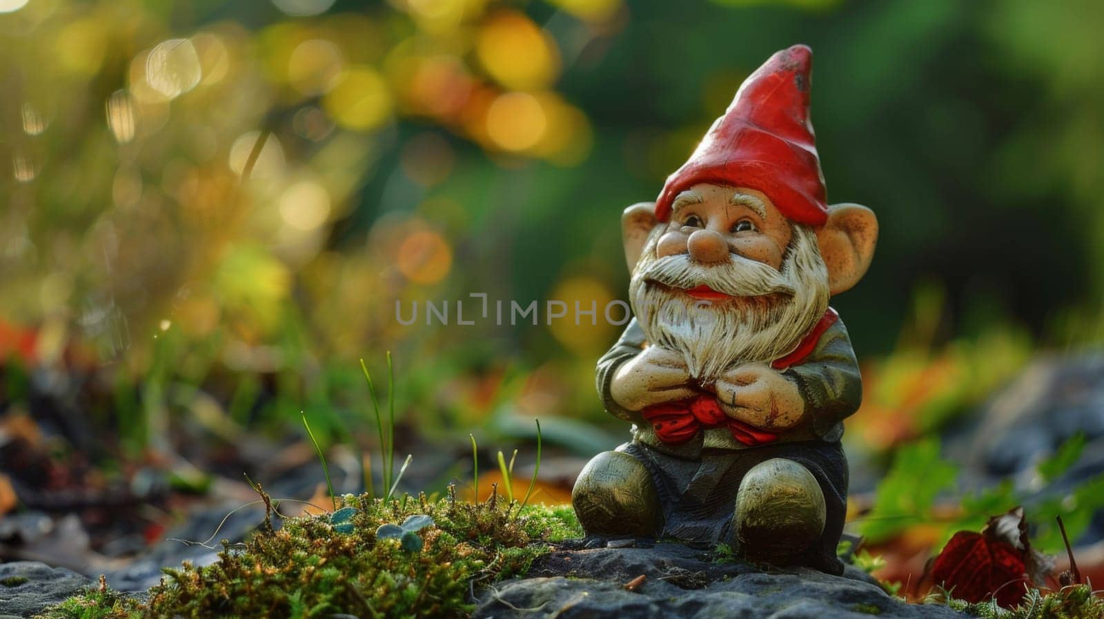 A small garden gnome is perched on a rock in a garden setting. The gnome is depicted in a seated position, surrounded by plants and flowers. The rock contrasts with the greenery, providing a focal point for the scene.