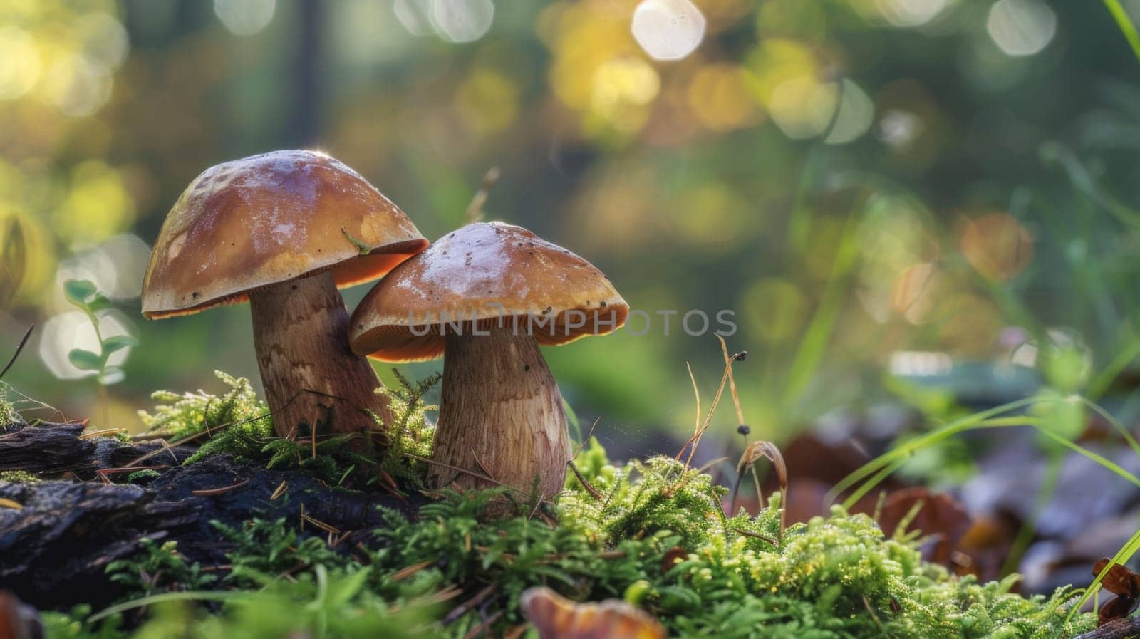 A pair of mushrooms are situated on the vibrant green grass of a field. The mushrooms stand out against the lush backdrop, adding a unique element to the scenery.