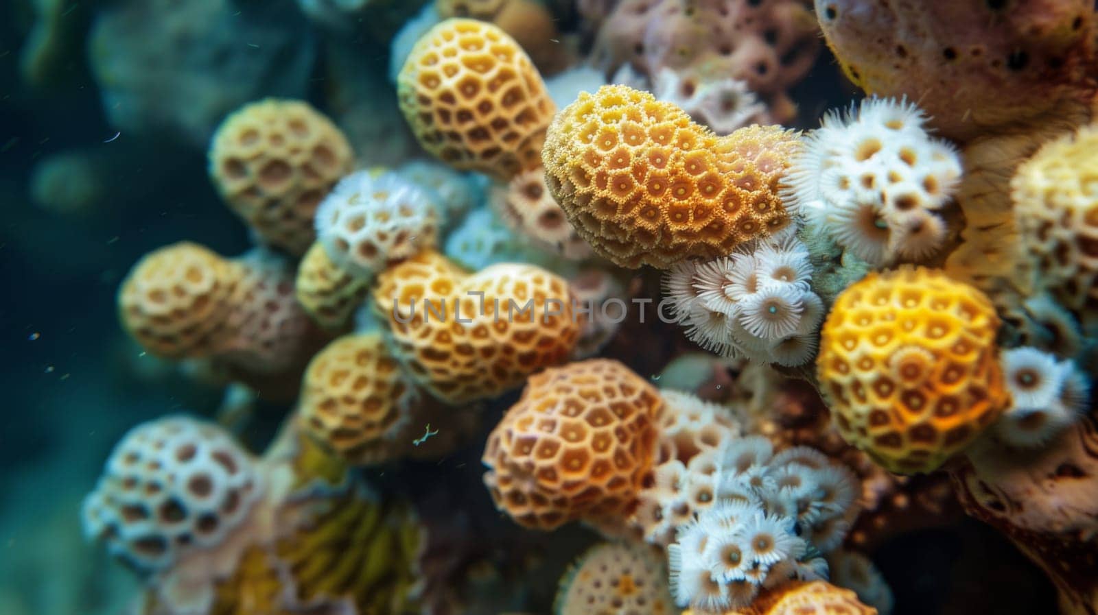 This close-up shot showcases a vibrant array of corals in various hues and shapes. The different colors, textures, and sizes of the corals create a visually striking composition.