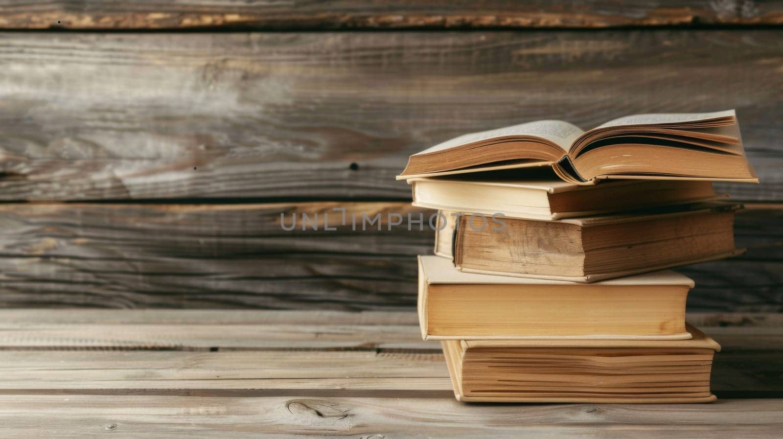 Several books are neatly stacked on top of a wooden table, creating a simple yet organized arrangement. The books vary in size and color, adding visual interest to the scene.