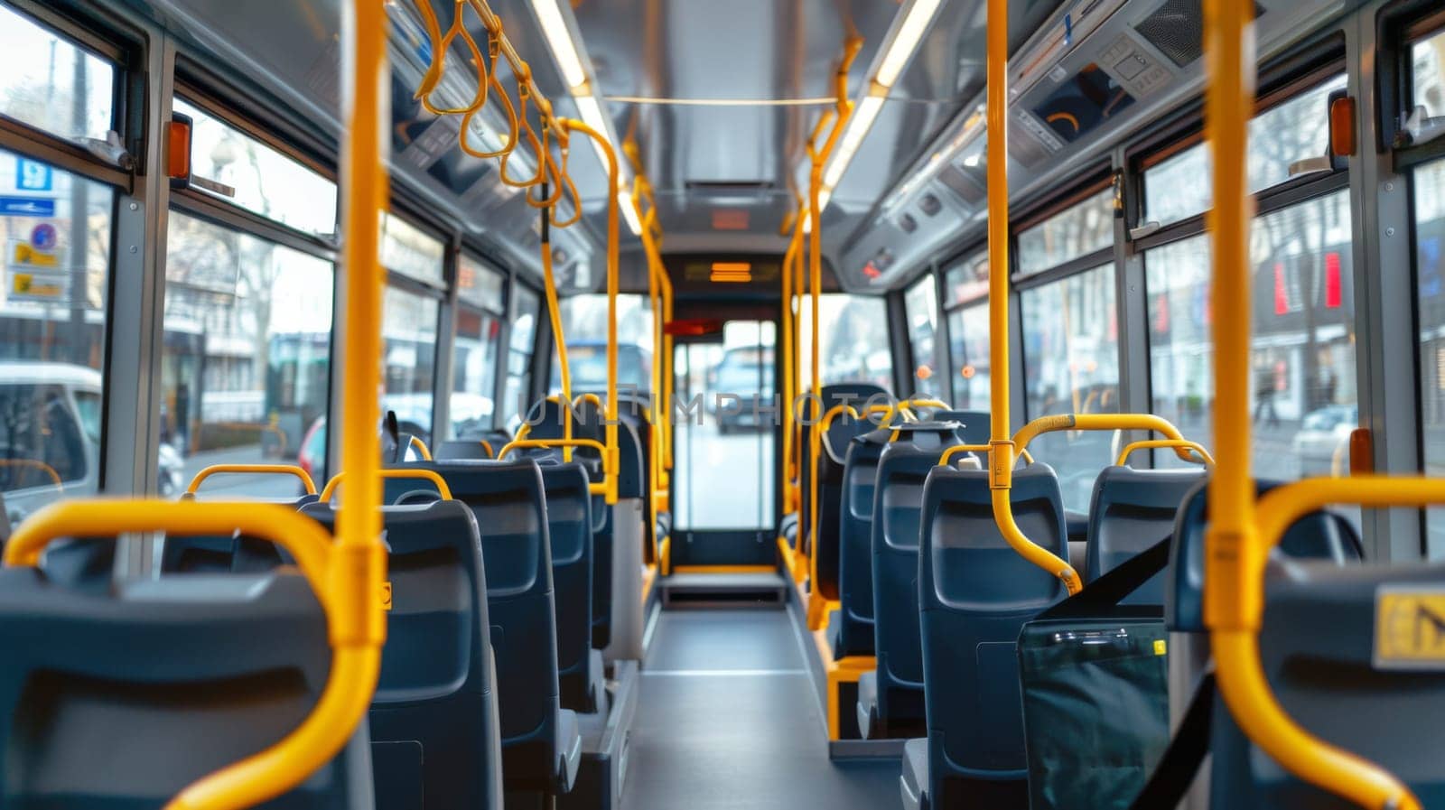 This image shows the interior of a public transit bus. Passengers are seated or standing, some holding onto handrails. The bus is equipped with seats, windows, and overhead compartments.