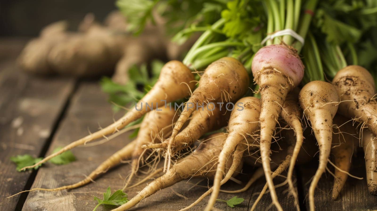 A collection of turnips arranged neatly on top of a sturdy wooden table. The turnips vary in size and color, showcasing their unique textures and shapes. The table appears worn but adds a rustic charm to the scene.