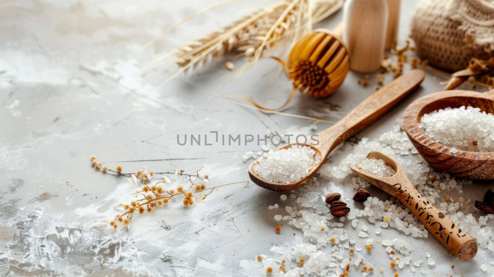 Wooden spoons filled with sugar are neatly arranged on a table, creating a visually appealing display. The sugar is piled high, contrasting against the dark wooden spoons.