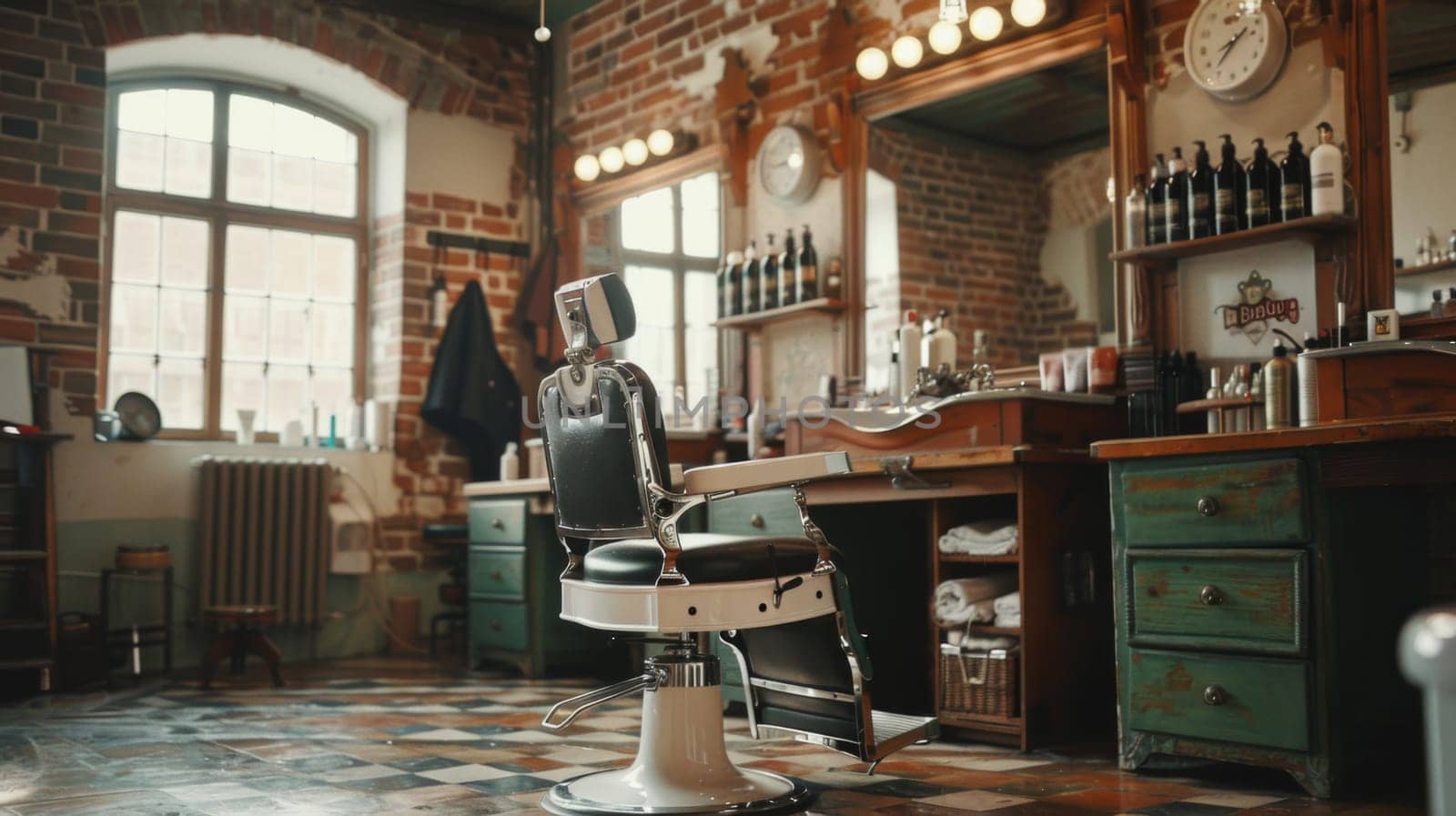 A barber chair is positioned in front of a large mirror in a barbershop. The chair is empty, waiting for a customer to sit and get a haircut.