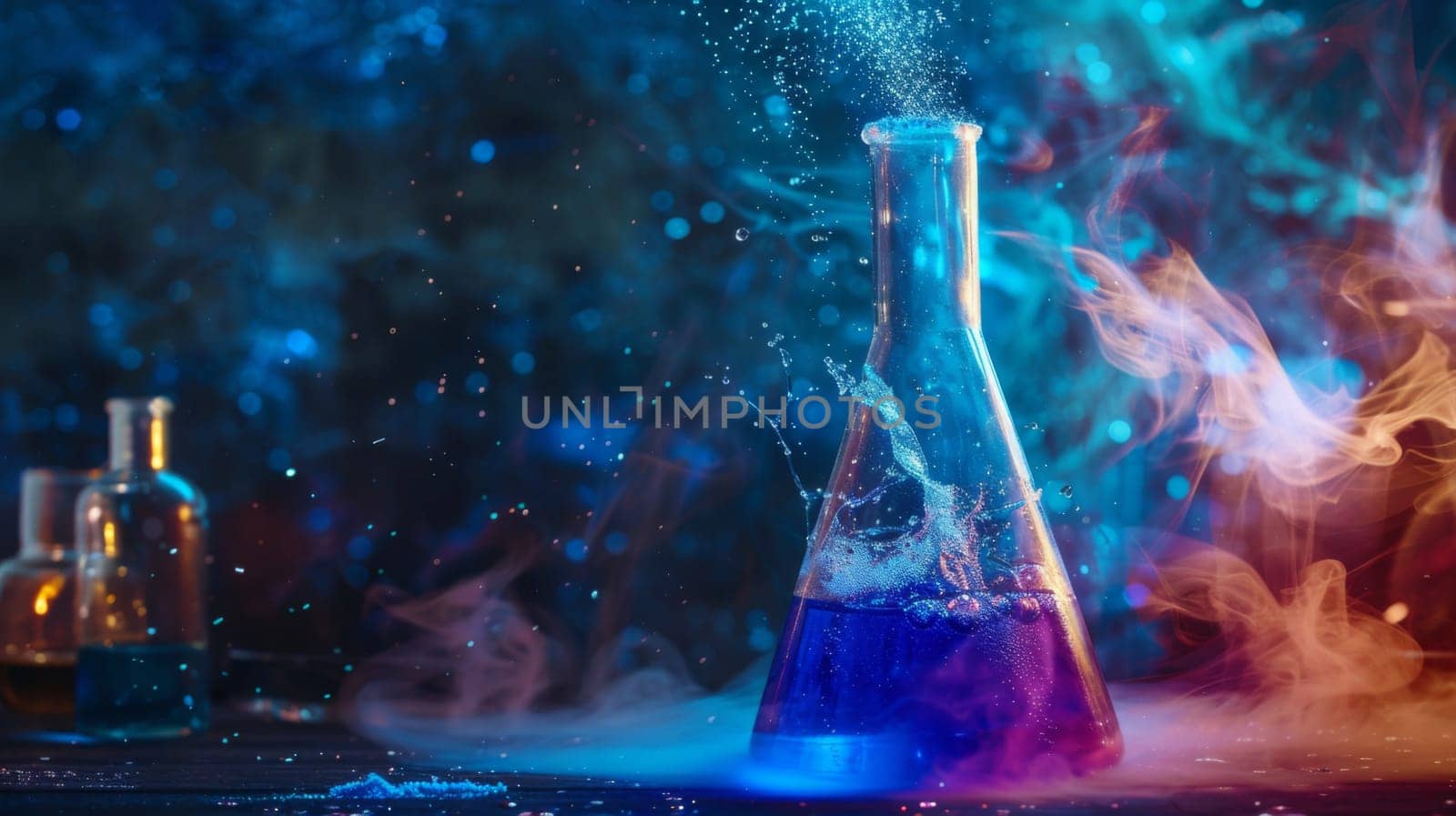A clear glass bottle filled with liquid is placed on top of a wooden table. The liquid inside the bottle reflects the surrounding light, creating a shimmering effect.