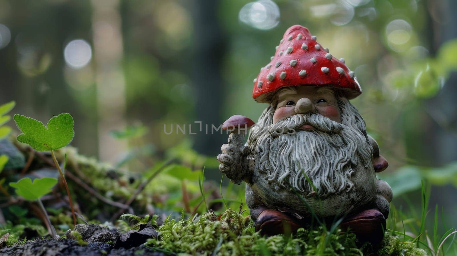 A gnome figurine is perched in the heart of a lush forest, surrounded by towering trees and a carpet of fallen leaves. The small, detailed statue sits among the greenery, appearing as if it belongs in the magical woodland setting.