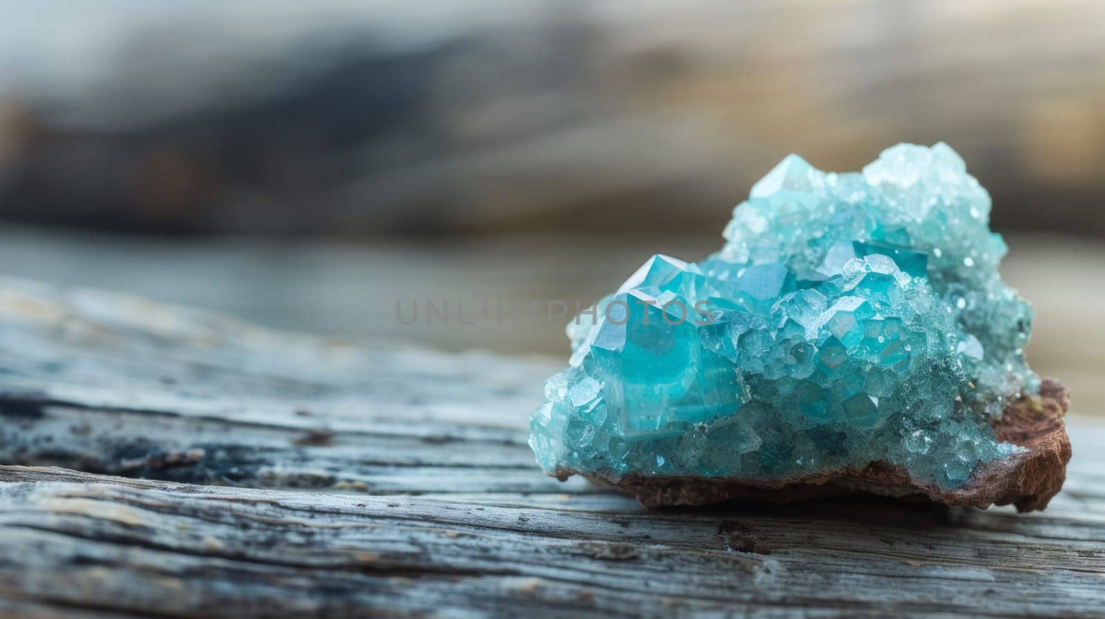 A blue rock is placed on top of a wooden table, showcasing the contrast between the smooth, cool-toned mineral and the warm, textured surface of the table.