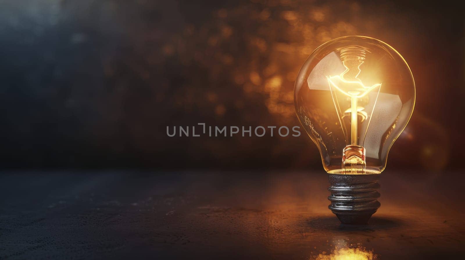 A bright light bulb emits a warm glow on a dark surface, illuminating its surroundings with a soft radiance. The glass bulb stands out in the darkness, creating a striking contrast.