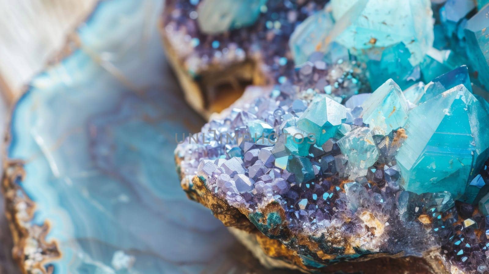 This close-up shot showcases blue crystals nestled on a rocky surface, creating a striking contrast. The crystals glisten under the light, emphasizing their unique texture and color.