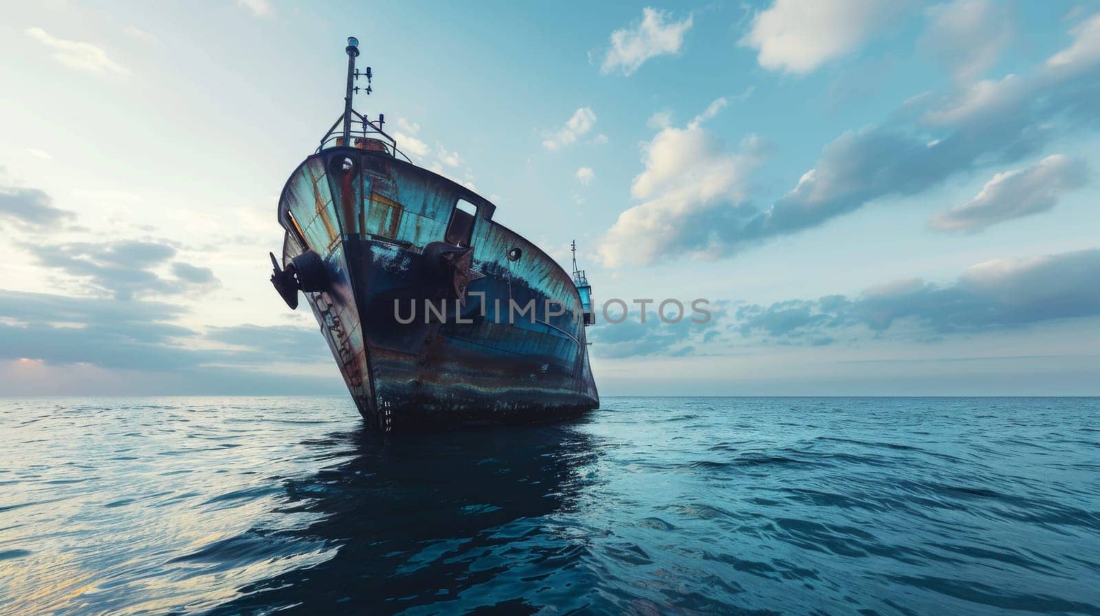 A large boat is seen floating gracefully atop the expansive body of water. Its size and presence dominate the scene, while calm waves gently lap against its hull.