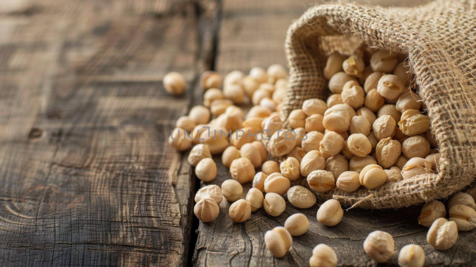A sack filled with chickpeas is placed on a rustic wooden table. The brown sack is slightly open, revealing the pale yellow legumes inside. The tables grains are visible, adding a natural texture to the scene.