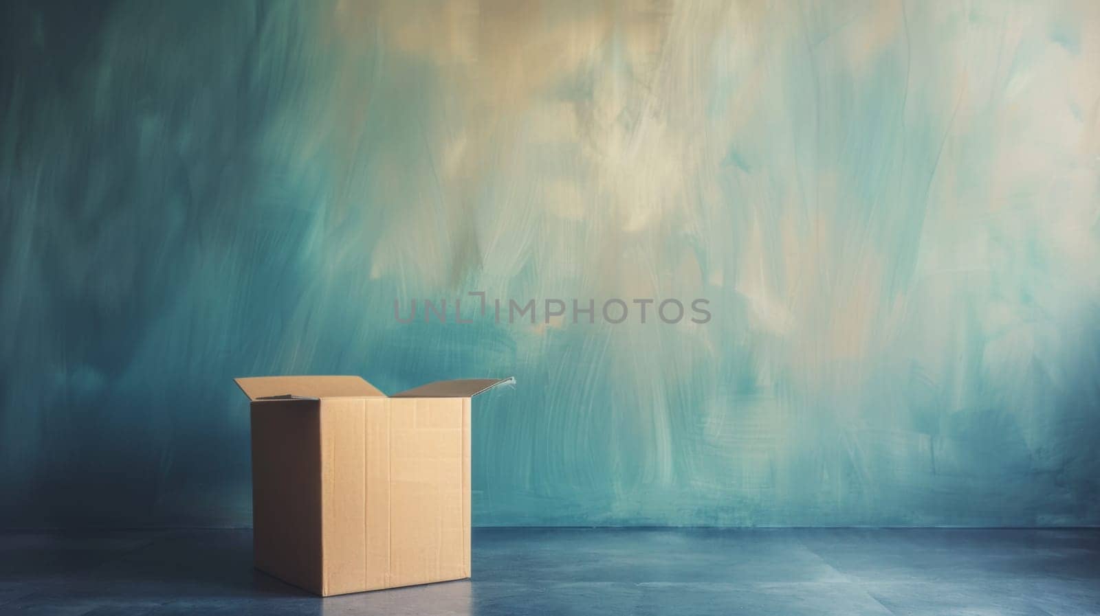 A cardboard box is placed in front of a painting, creating a juxtaposition between the mundane object and the artistic piece. The paintings colors and textures contrast with the plainness of the box.