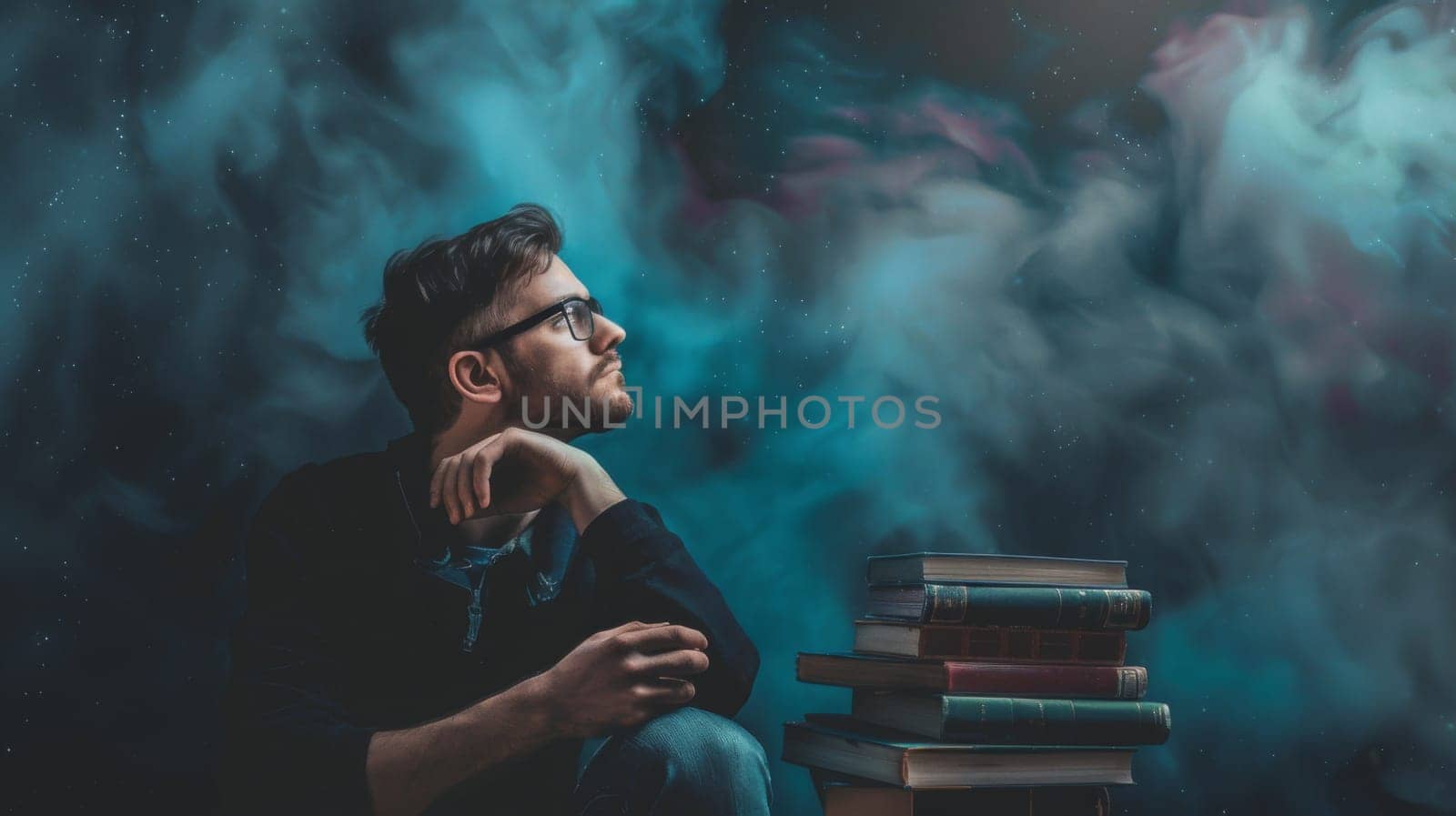 A man is sitting on a large stack of books, looking down and appearing contemplative. The books vary in size and color, creating a visually striking scene.