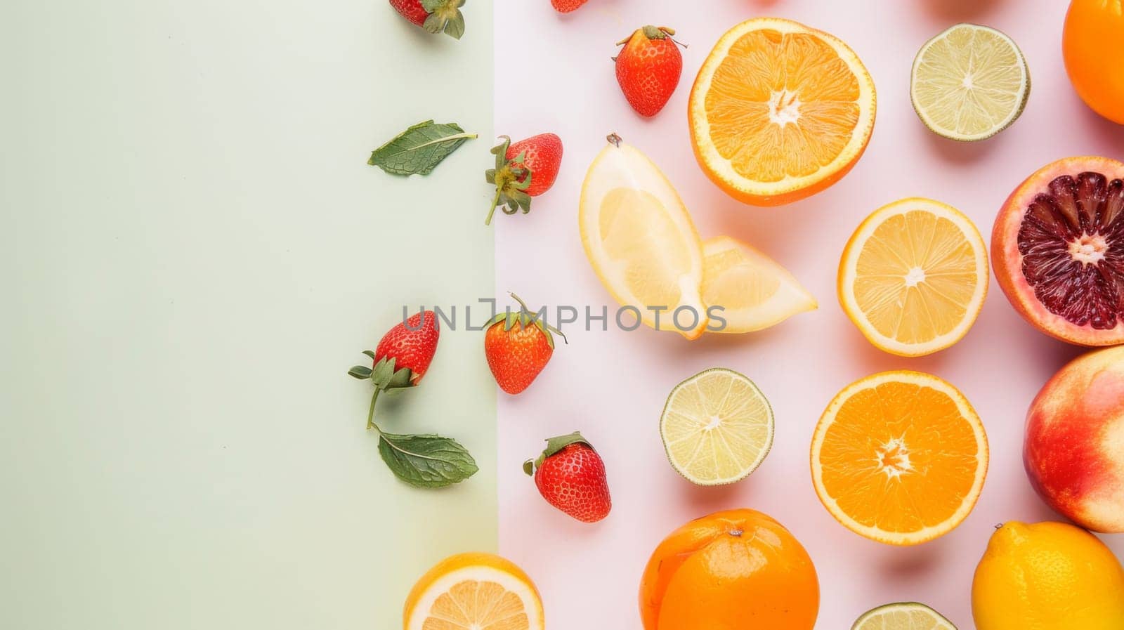 A table is covered with a variety of fresh fruits including oranges, lemons, and strawberries. The colorful fruits are arranged neatly on the surface, creating a vibrant and inviting display.