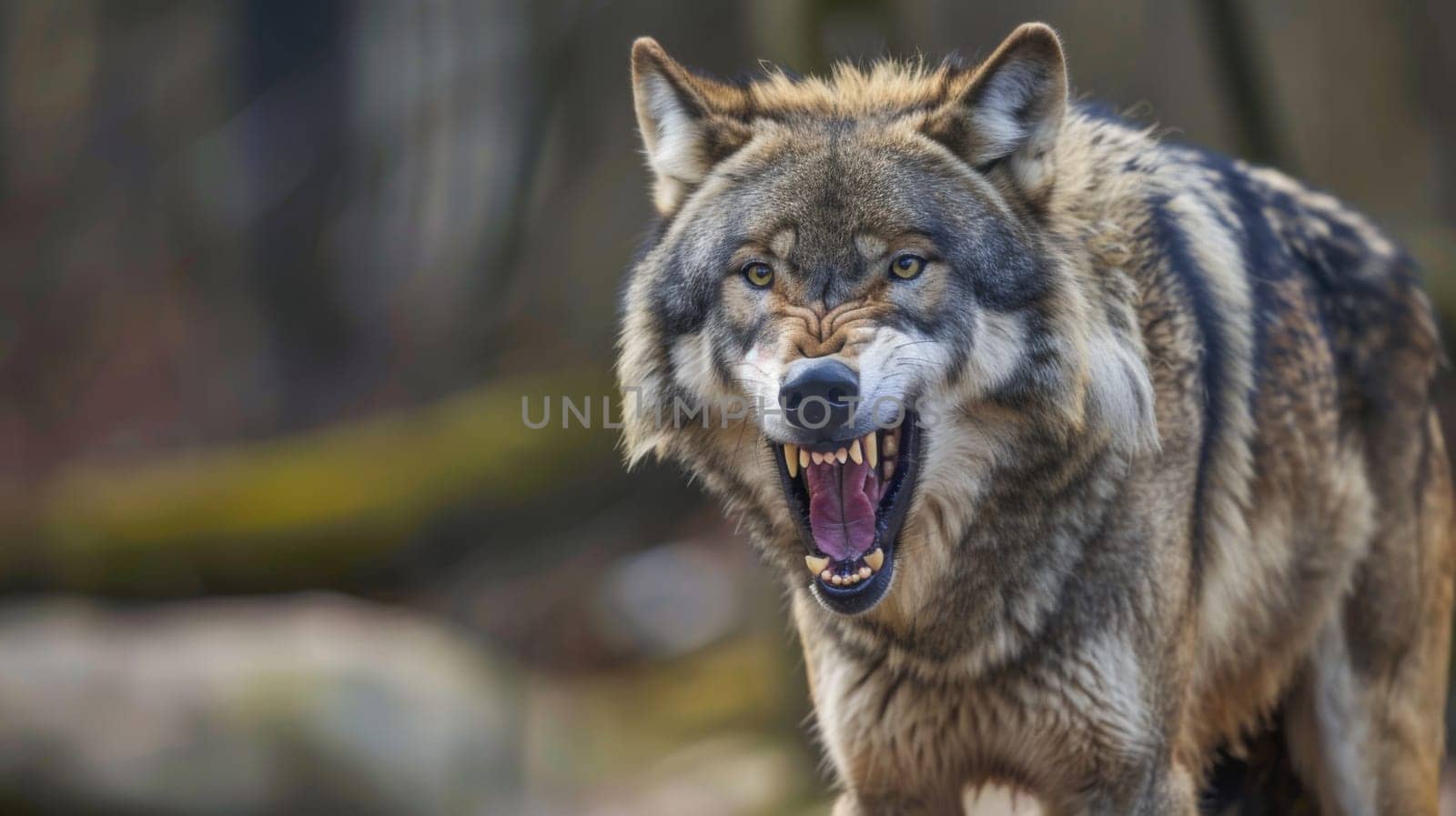 A wolf with its mouth open wide, baring its sharp teeth in a threatening display of aggression. The animal appears ready to attack, showcasing its primal instinct and power.