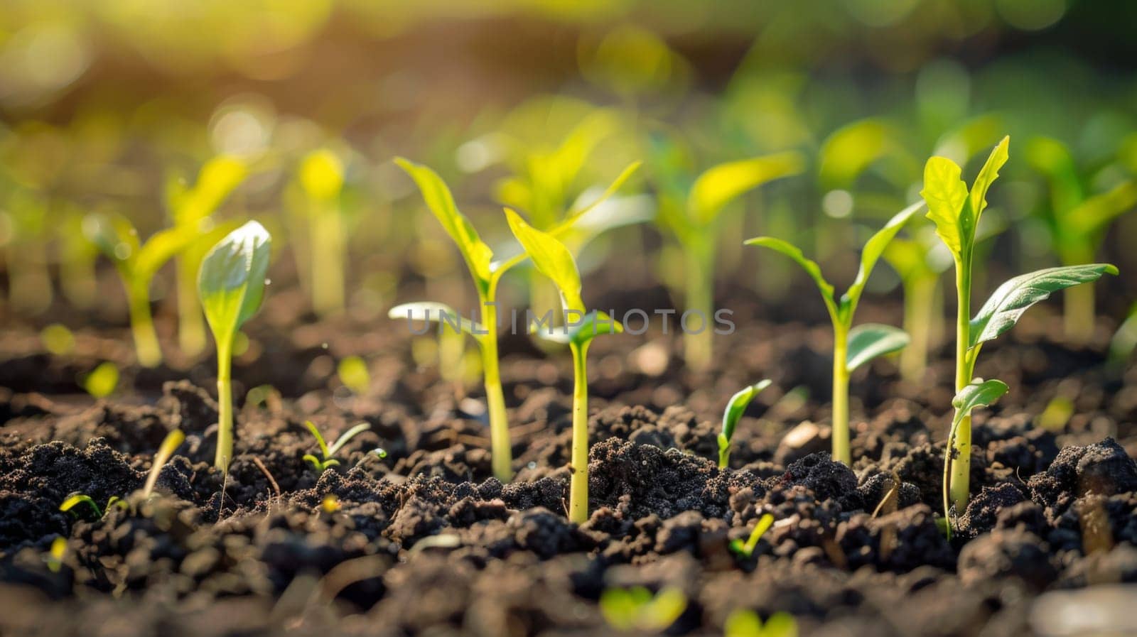 A group of small plants sprouting and thriving in nutrient-rich soil, displaying vibrant green foliage and delicate stems under natural sunlight.