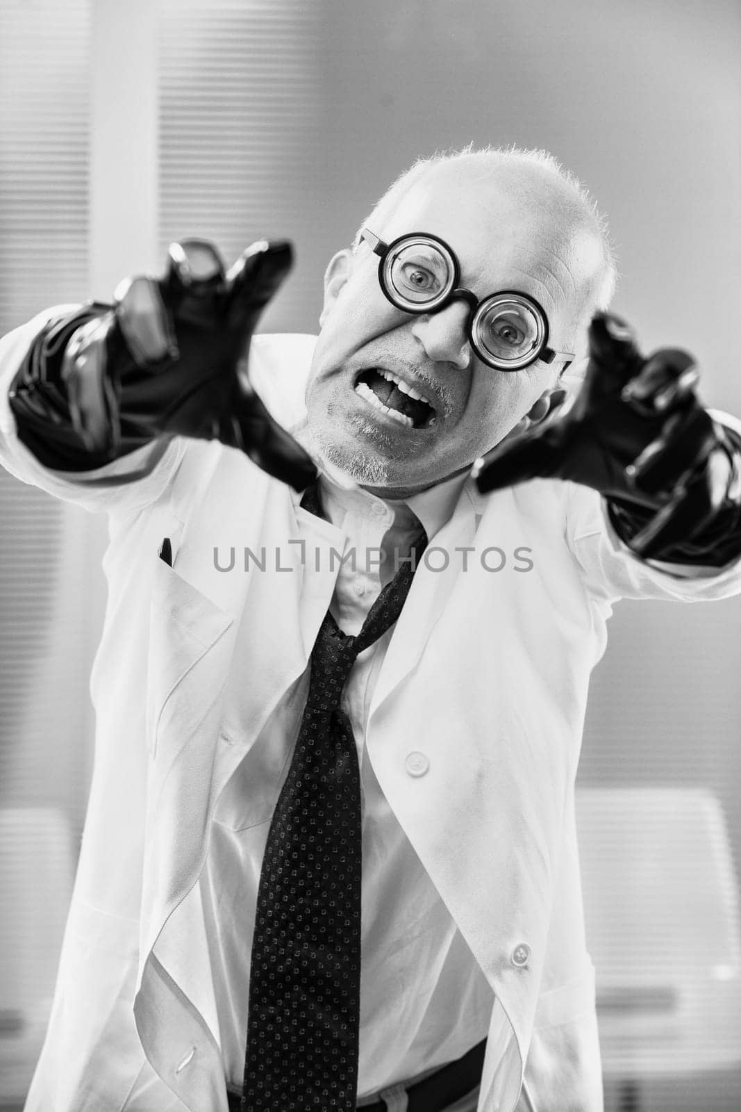 In a monochrome vintage style, an evil genius in a lab coat and black gloves conspires globally, crafting banned toxins, possibly in secret governmental collaboration