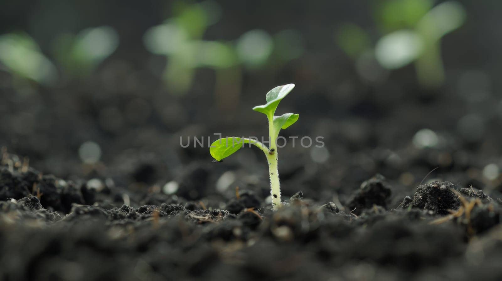A small and delicate young plant is emerging from the earth, showcasing the miraculous process of growth and new life. The plants green leaves are beginning to unfold, reaching towards the sunlight.