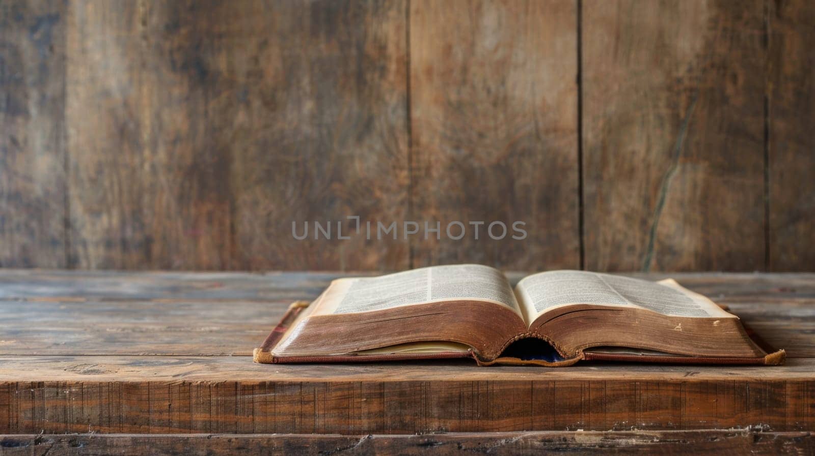 An open book is placed on top of a sturdy wooden table. The books pages are spread open, revealing text and illustrations. The tables grain is visible, adding a rustic touch to the scene.