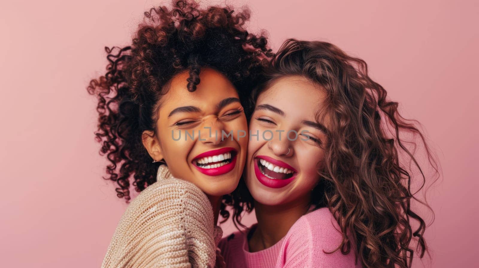 Two women are hugging each other tightly with their mouths open. They appear to be in a moment of excitement or joy, expressing affection towards each other.