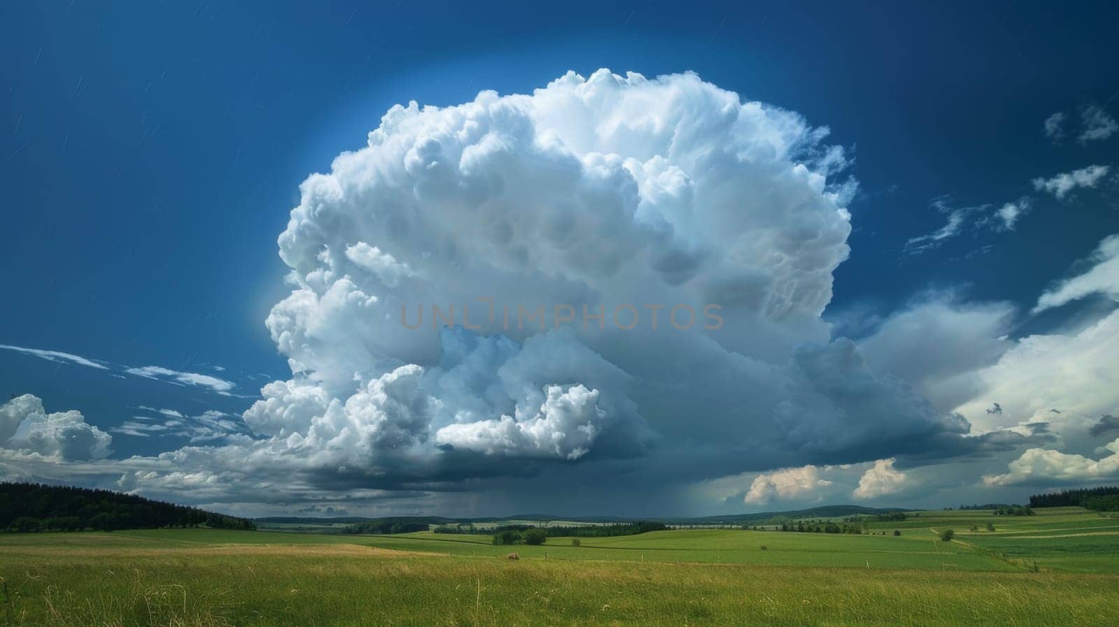 A large cloud dominates the sky above a vast field, casting shadows over the landscape. The sun peeking through the clouds creates a contrast of light and shadow on the green expanse below.