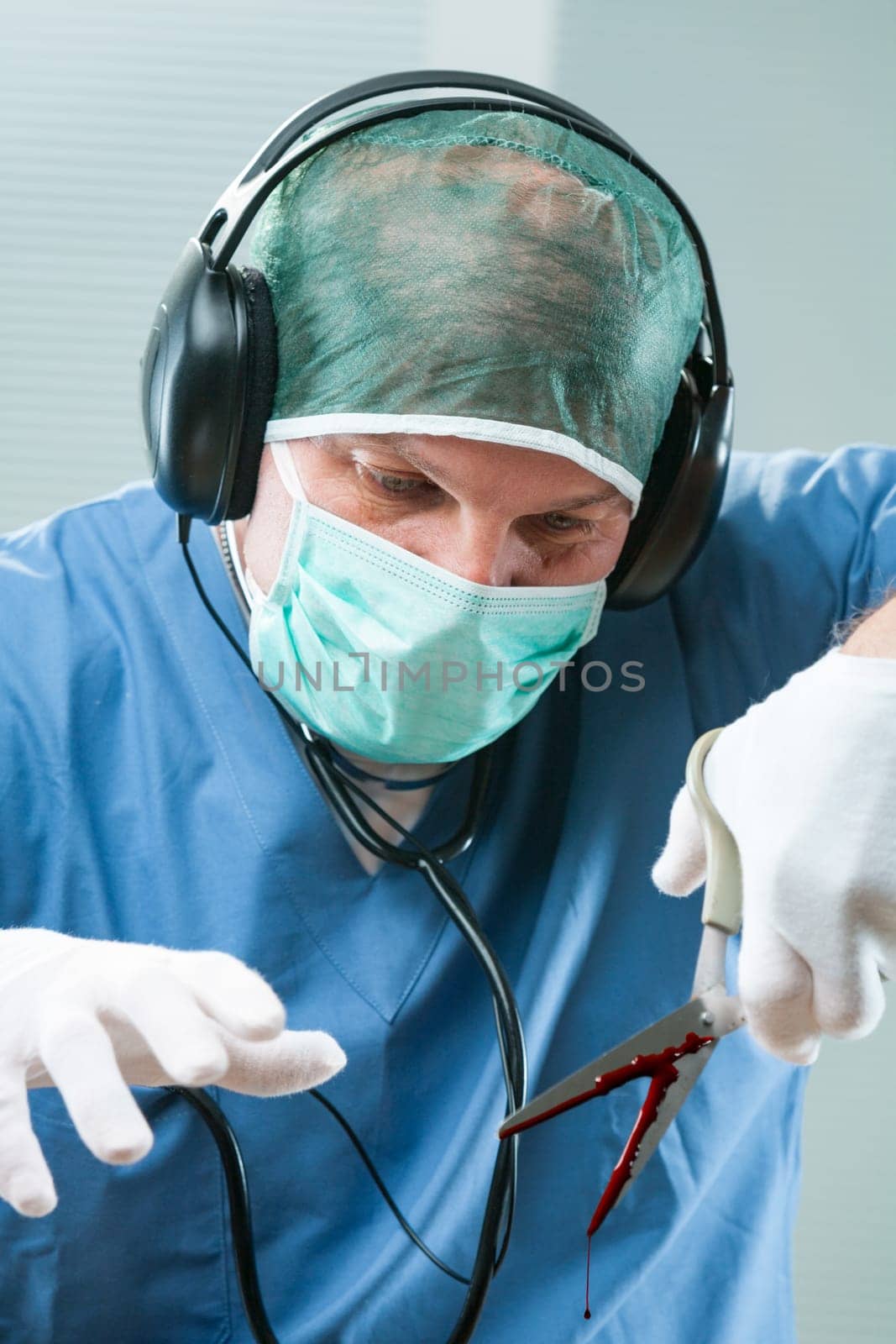 Surgeon with headphones uses a bloody office scissor, hinting at gross negligence. Represents medical malpractice, dangers, and the necessity for professional trustworthiness