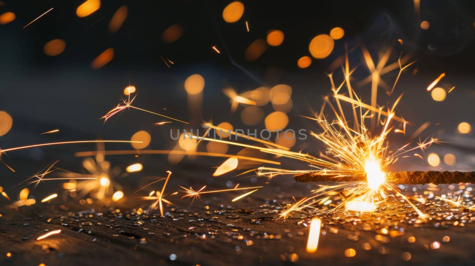A sparkler illuminates the table it sits on, its glowing tip emitting light and sparks. The tables surface reflects the brightness of the sparkler, creating a warm and festive atmosphere.