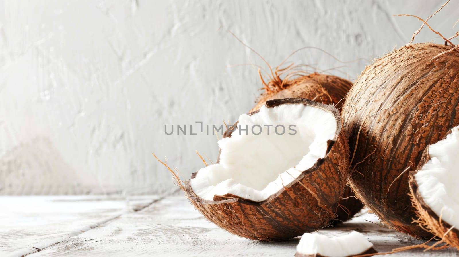Two ripe coconuts placed side by side on a wooden table. The brown outer shell contrasts with the green interior. The coconuts are whole and unopened, showcasing their natural shape and texture.